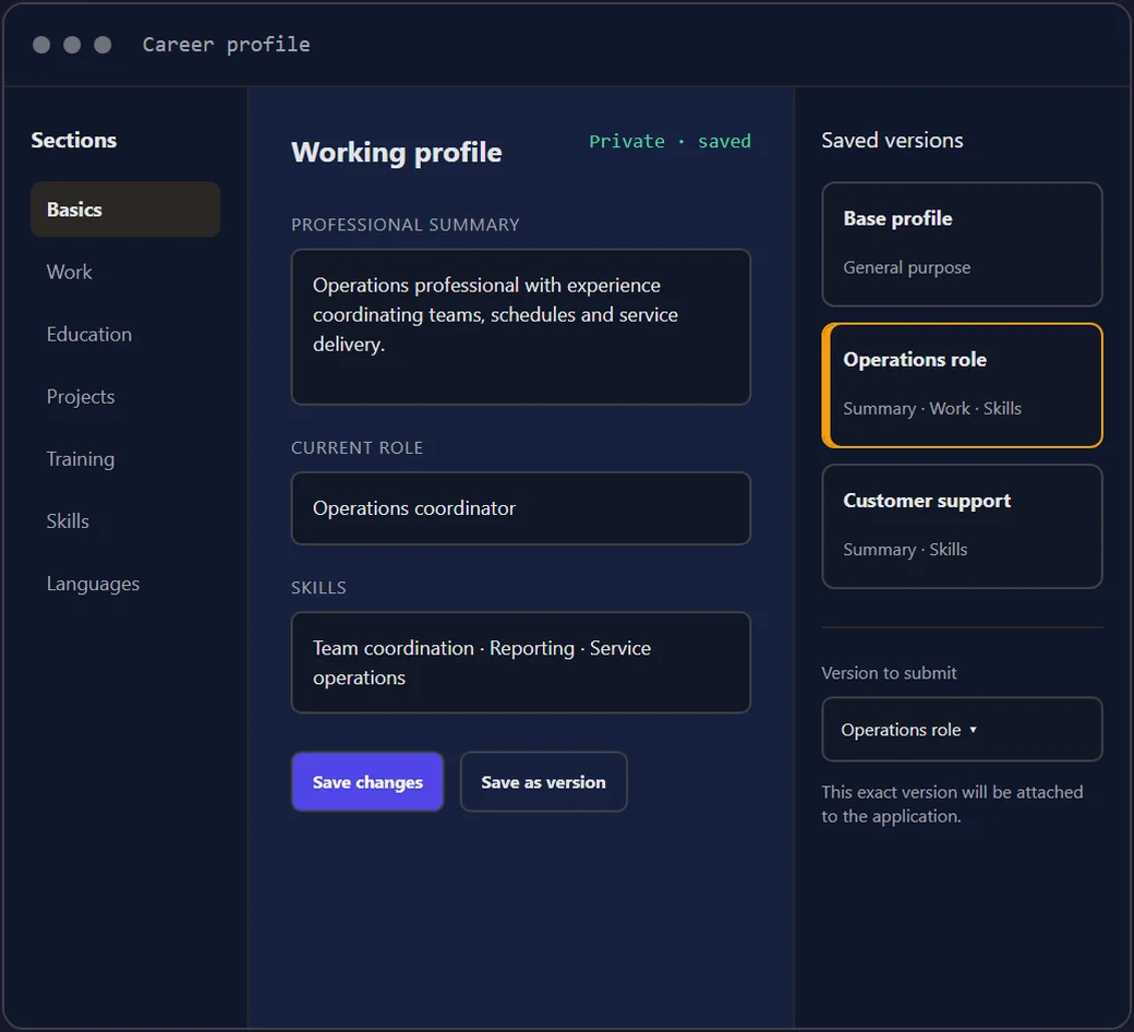 Employed's career profile screen: a private working profile (summary, current role, skills), three saved versions, and the Operations role version selected to submit.