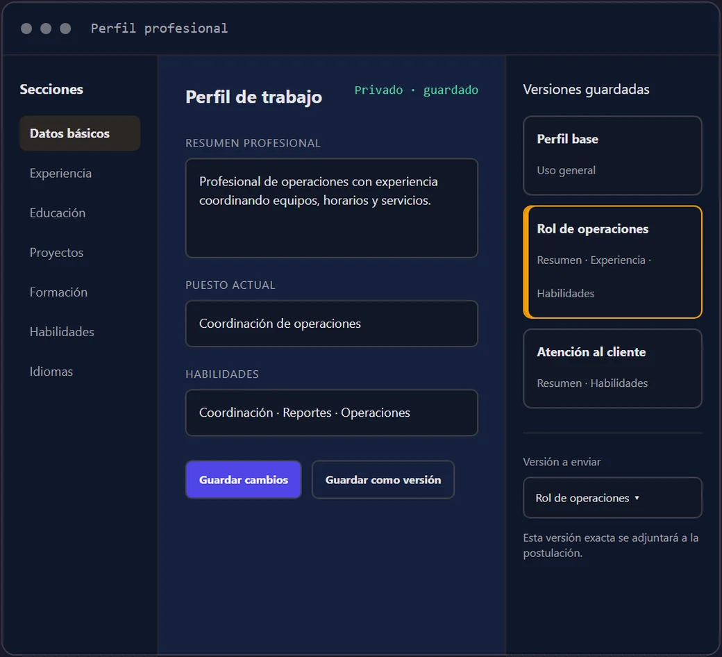 Pantalla del perfil profesional de Employed: un perfil de trabajo privado (resumen, puesto actual, habilidades), tres versiones guardadas y la versión Rol de operaciones elegida para enviar.